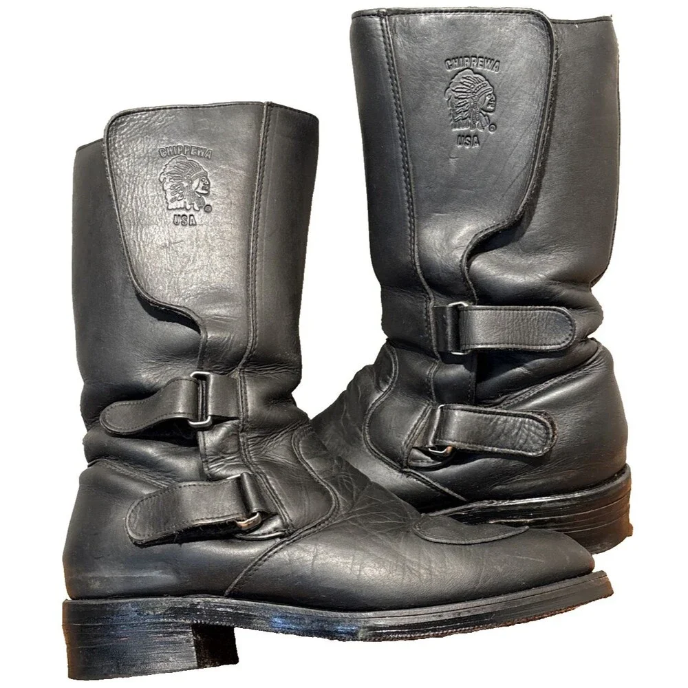 Chippewa 27862 Odessa Rally Biker Boots Black Leather 10.5EE Hook & Loop VINTAGE
